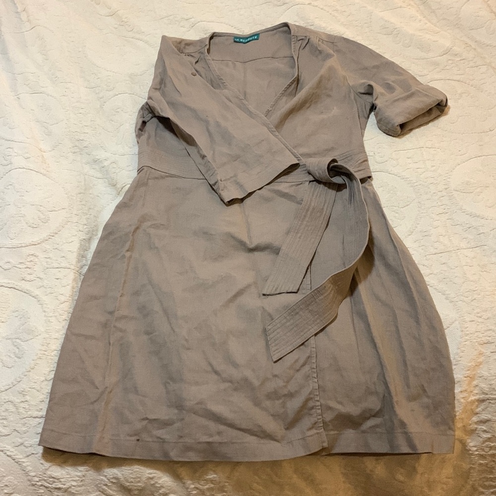 Linen midi wrap dress in beige/taupe